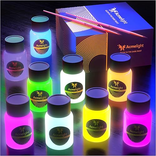 Acmelight Glow in the Dark Acrylic Paint - Fluorescent Painting for Canvas - Neon Decoration - Blacklight Paint Set – Art Supplies for Adults - Craft Gift for Artists
