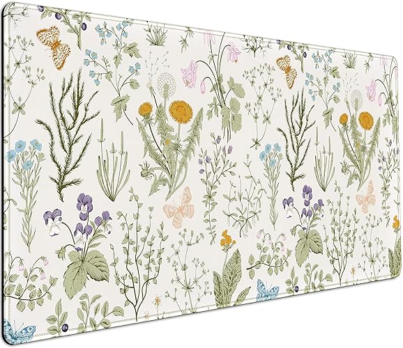 Cute Flowers Desk Mat Pressed Dried Floral Mouse Pad Neutral Beige Sage Green XXL Large Extended Gaming Mousepad Deskmat 31.5x15.75 in, Laptop Keyboard and Mouse Mat for Women Office Gamer Girl - Beige Sage