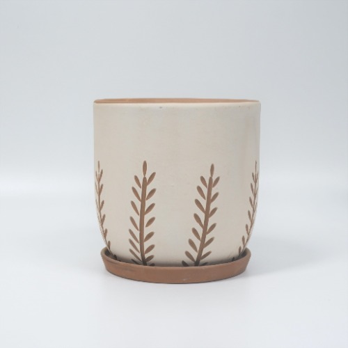 Indoor/Outdoor Planter Pot - 3.9/ 6.7 Inch Color Clay White Stripes Pattern Decorative Ceramic Pot with Drainage Holes and Saucer
