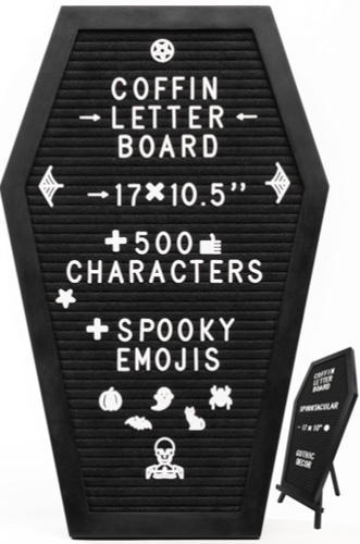 Nomnu Black Felt Coffin Letter Board - Gothic Decor Message Board With Spooky Emojis - Horror, Gothic, Spooky Gifts - 17x10.5 Inches, 500 White Characters. Creepy Halloween Decor Letterboard - Black