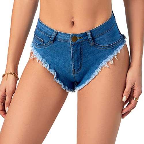 Oflive Women's Sexy High Waisted Stretch Mini Denim Shorts Hot Pants Clubwear - Large - Blue