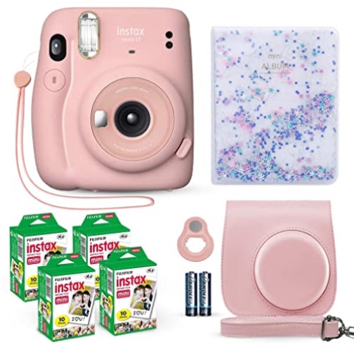 Fujifilm Instax Mini 11 Instant Camera Blush Pink + Fuji Film Value Pack (40 Sheets) + Shutter Accessories Bundle, Incl. Compatible Carrying Case, Selfie Lens, Quicksand Beads Photo Album 64 Pockets - Blush Pink