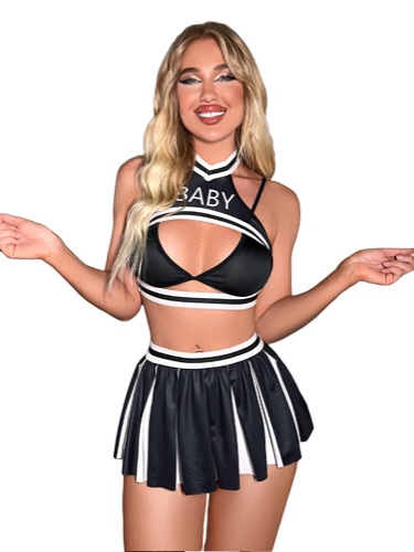 SOLY HUX Women's 4 Piece Letter Print Cheerleader Costume Cosplay Lingerie Set - Medium Black and White