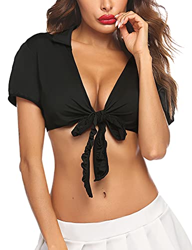 Avidlove Lingerie for Women Crop Top Tie up Shrug Cosplay Shirt Short Sleeve Bolero Cardigan - Medium - Black