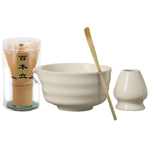 Matcha Whisk Set,4PCS Exquisite Matcha Tea Set,Elegant Matcha Kit Includes Ceramic Matcha Bowl with Spout and Matcha Whisk Holder,Bamboo Matcha Whisk and Scoop for Enjoy Tea Culture Lovers - White