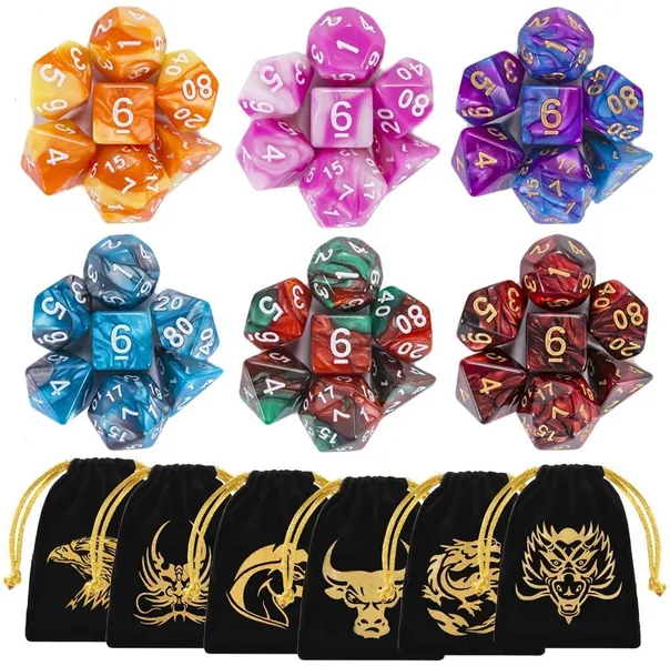 DND Dice, QMAY 6 x 7 Set Polyhedral Double-Color Dice Sets with 6 Gold Pattern Drawstring Pouches for Dungeon and Dragons MTG Table Games RPG DND D20 D12 D10 D8 D4