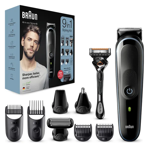 Braun 9-in-1 Beard Trimmer Series 5, With Hair Clippers & Nose Trimmer & Gillette Razor, For Beard, Hair & Body Grooming, 100% Waterproof, Gifts For Men, 2 Pin Bathroom Plug, MGK5280,Black/Blue Razor
