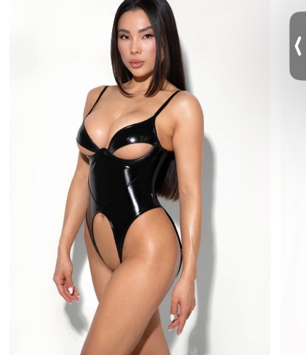 Black lacquer crotchless bodysuit