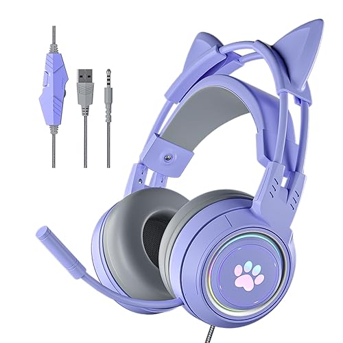 Xmenha Cat Ear Headphones Purple Gaming Headset with Mic for Switch Xbox One PS4 PS5, Cute Girl Kids Wired Headphones Light up Kawaii Kitty Noise Cancelling Headphones for Gamer PC Laptop - Purple