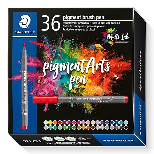 STAEDTLER Pigment Arts Brush Pen - Assorted Basic Colours, Pack of 36, 371 C36 - Basic - 36 count (Pack of 1)