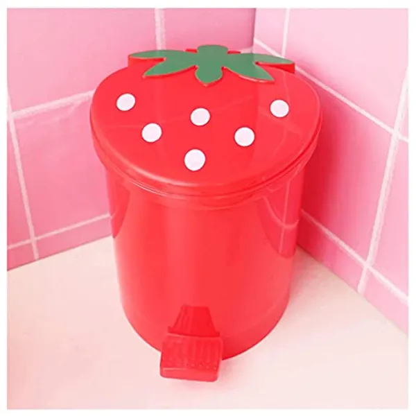 BxuxJar Strawberry Trash Can with Lid Cute Desk Trash Can Plastic Strawberry Garbage Can for Bedroom Small Kawaii Trash Can with 5 Rolls of Garbage Bags