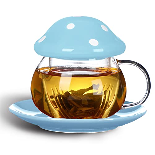 Mushroom Cup Cute Glass Tea Cup with Infuser and Lid Kawaii Mushroom Mug Set Coffee Teapot with Ceramic Coasters 11oz (Blue) - Blue