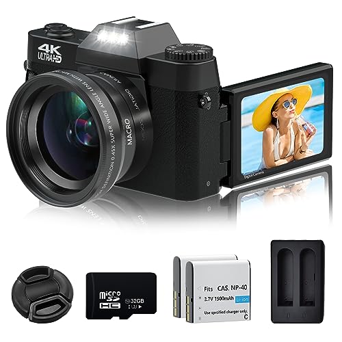 Digital Camera, 4K Vlogging Camera for YouTube 48MP 16X Digital Zoom Manual Focus Students Compact Photography Camera with 52mm Wide-Angle & Macro Lens, 32G TF Card and 2 Batteries(Black) - Black