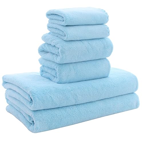 MOONQUEEN Ultra Soft Towel Set - Quick Drying - 2 Bath Towels 2 Hand Towels 2 Washcloths - Microfiber Coral Velvet Highly Absorbent Towel for Bath Fitness, Sports, Yoga, Travel (Aquamarine 6 Pieces) - Aquamarine