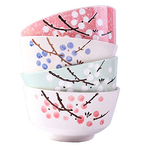Whitenesser Japanese Rice Bowls Set of 4 Color - 5 Inch - Japanese Style Hand-painted Floral Plum Ceramic Bowls For Dessert Snack Cereal Soup and Rice - wc