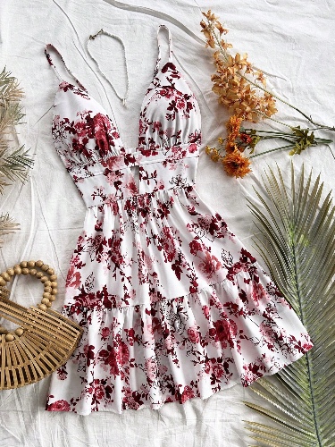 SHEIN WYWH Urlaubs-Kleid mit Trägern, V-Ausschnitt, Hohlmuster und rückenfreiem Blume Muster