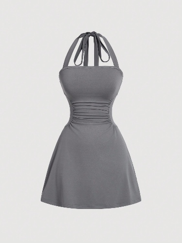 SHEIN MOD Damen grau A-Linien Mini-Kleid mit Neckholder-Ausschnitt und Raffung in der Taille