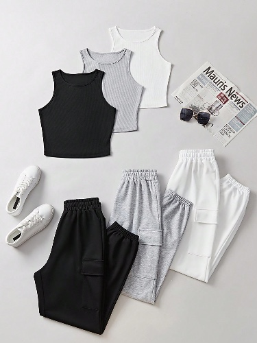 SHEIN MOOSTA Damen Einfarbiges Tank Top Und Jogger Hosen Set, Zweiteilig