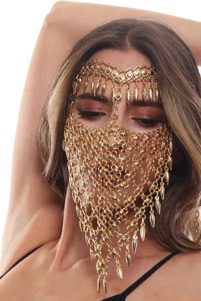 Gold Face Chain For Ladies, Face Veil Mask, Handmade Face Accessory, Oriental Head Jewelry, Arabic Style Metal Chain Face Jewelry