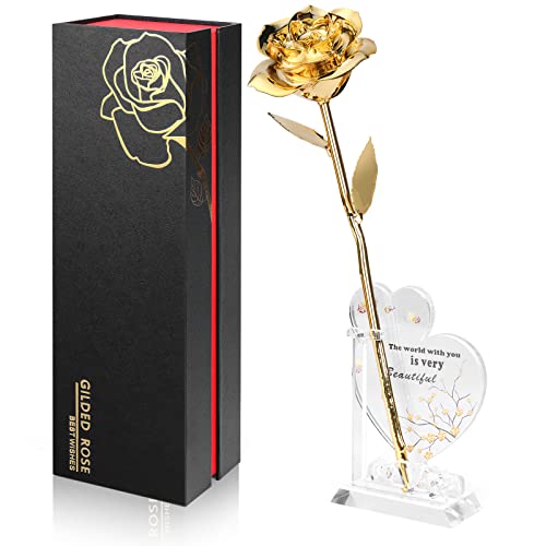 Anthonic Gold Dipped Rose Real 24K Gold Rose, Genuine One of a Kind Rose Hand Dipped in 24K Golden Roses Romantic Gifts for Women in Her Birthday Anniversary Valentines Day Mothers Day - Gold