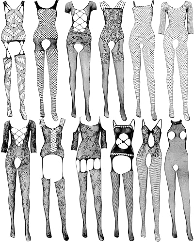 12 Pieces Women's Fishnet Lingerie Mesh Bodysuit Lace Smock Lingerie for Women - Classic