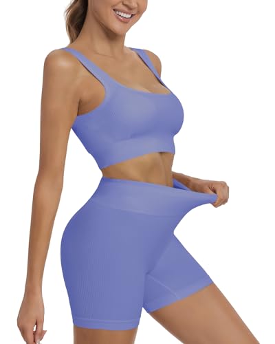 HORISUN Women Workout Sets 2 Piece Yoga Outfits Seamless Ribbed Sports Bra Crop Tank Top High Waist Biker Shorts Exercise Set - Purple - Medium