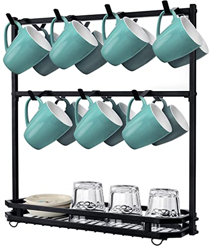 FANGSUN Large Coffee Mug Holder Stand Countertop, Tree Rack for 14 Mugs, 2 Tier Counter Display Storage, Metal Wire Tea Cup Holder for Coffee Station Kitchen Organizer, Not Included Mugs