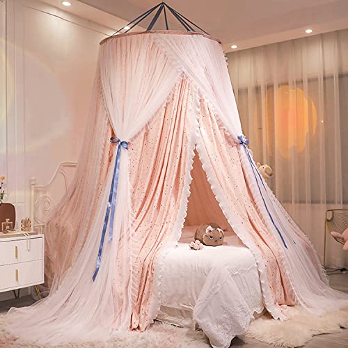 Kertnic Floral Elegant Bed Canopy, Luxurious Double Layer Bed Curtain Canopy Drapes, Round Dome Lace Princess Queen Canopies Netting (Star) - Star
