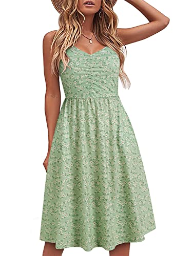 YATHON Casual Dresses for Women Sleeveless Cotton Summer Beach Dress A Line Spaghetti Strap Sundresses with Pockets - Medium - Yt090-green Floral 02