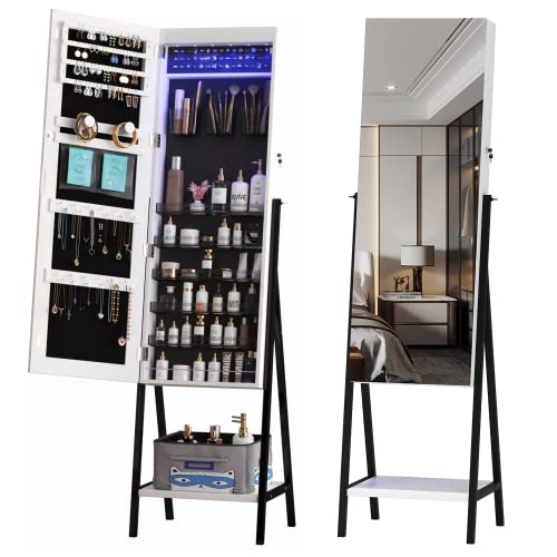 LVSOMT 6 LED Standing Jewelry Mirror Cabinet, Jewelry Armoire Storage Organizer, Full Length Mirror Floor Mirror with Jewelry Storage, Lockable Stand, Large Box, Iron Legs, Bottom Shelf, White - White