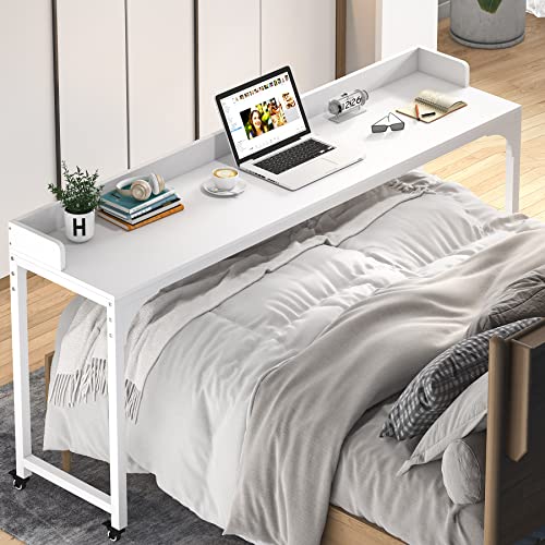 Tribesigns Overbed Table with Wheels, Queen Size Mobile Computer Desk Standing Workstation Laptop Cart, Over Bed Table with Heavy Duty Metal Leg - White - Modern