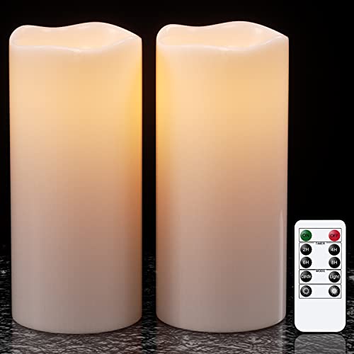 GenSwin Waterproof Outdoor Flameless Candles with Remote Timer, Battery Operated Large Flickering LED Pillar Candles for Indoor Outdoor Lanterns, Won’t melt, Long-Lasting(White, Set of 2, 8” x 4”) - Waterproof 4x8