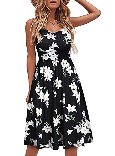 YATHON Casual Dresses for Women Sleeveless Cotton Summer Beach Dress A Line Spaghetti Strap Sundresses with Pockets - Medium - Black, White