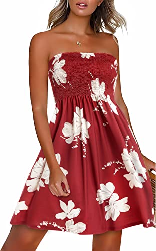CHICGAL Summer Dresses for Women Beach Cover Ups Strapless Boho Floral Print Sundress - Medium Wine Red Flower