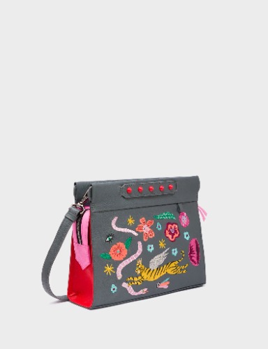 Vali Crossbody Small Stormy Gray Leather Bag - Tiger and Flowers Embroidery | Default Title