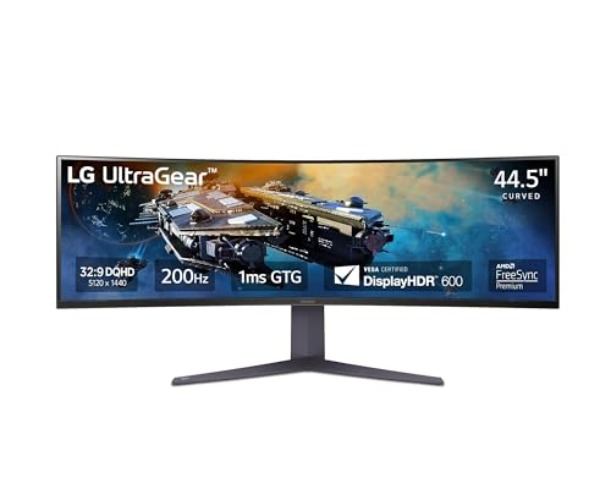 LG 45GR65DC-B 45-inch Ultragear Curved Gaming Monitor, QHD, 200Hz, 1ms, UltraWide Display, 32:9, AMD FreeSync Premium Pro, VESA DisplayHDR 600, HDMI 2.1 x2, DP, UBS x3, Tilt/Height/Swivel Stand Black - 45 Inch - 200Hz - HDMI/DP