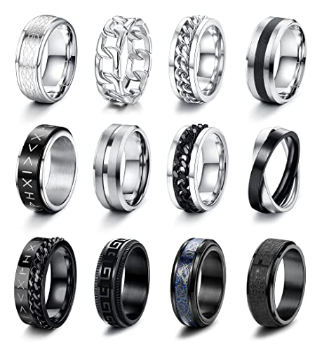 JeryWe 12PCS Stainless Steel Band Rings for Men Women Fidget Spinning Chain Ring Fidget Ring Anxiety Relief Ring for Men Fashion Simple Wedding Engagement Black Ring Set Size 7-13 - 13