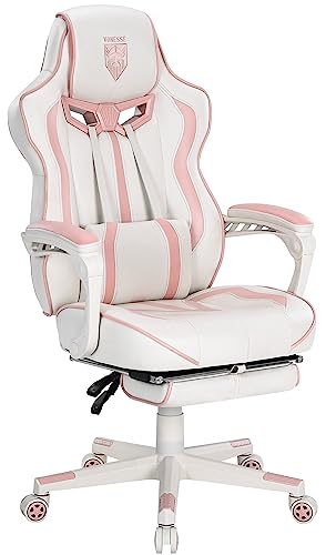Vonesse Pink Gaming Chair PC Game Chair for Girls Racing Style Reclining Computer Chair with Footrest Office Ergonomic Gaming Computer Chair with Massage High Back Gaming Chairs for Adults - Gray/Pink