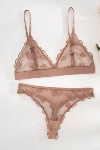 Sexy see through mocca brown lingerie set 