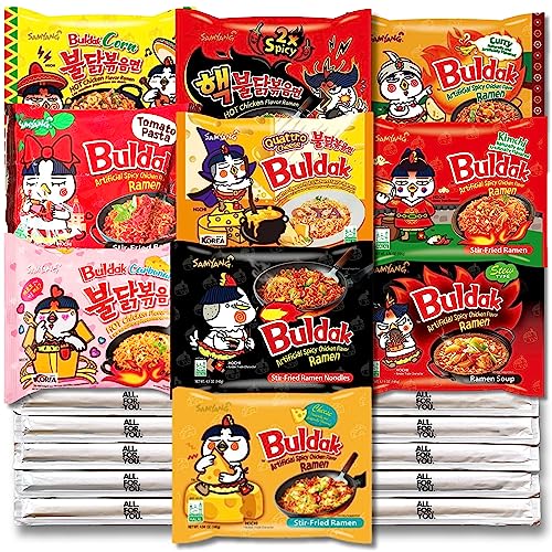 Buldak Ramen Noodles 10 Flavor Variety Combo - Total 10 pack (1 Pack ea) - Original, 2x Spicy, Cheese, Carbonara, Curry, Stew, Kimchi, Corn, Tomato Pasta, Quattro Cheese - Spicy Ramen Noodles Samyang Buldak Ramen Korean Spicy Hot Chicken Stir-Fried Noodles Bundle with 10 ALL.FOR.YOU. Branded Chopsticks