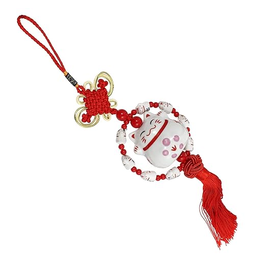 IMIKEYA Feng Shui Lucky Cat Charm Ceramics Maneki Neko Fortune Cat Figurine Car Rear View Mirror Pendant Key Cell Phone Bag Pendant for Wealth Fortune Car Interior Ornament Red