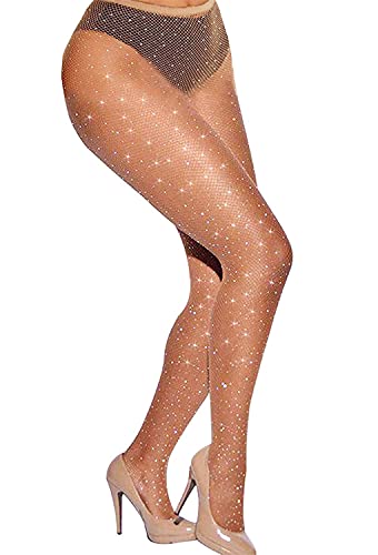 Betteraim Women's Rhinestone Fishnet Tights Sparkle Fishnet Stockings Carnival Glitter Tights - X-Large-4X-Large Plus - Skin