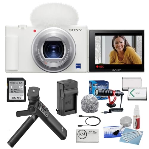 Sony ZV-1 Digital Camera | White Bundle with Sony Vlogger Accessory Kit + Battery and Charger + Microfiber Cleaning Cloth + Compact Micro Microphone + 5-Piece Cleaning Accessories (7 Items) - White - w/ Microphone & Vlogger Kit