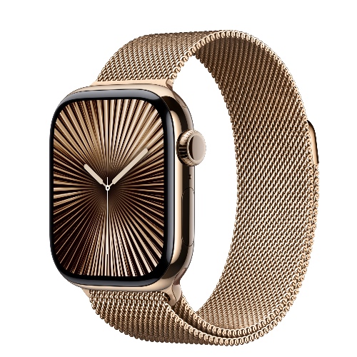 Apple Watch Series 10 GPS + Cellular • Caja de titanio color oro de 42 mm • Correa estilo milanés color oro