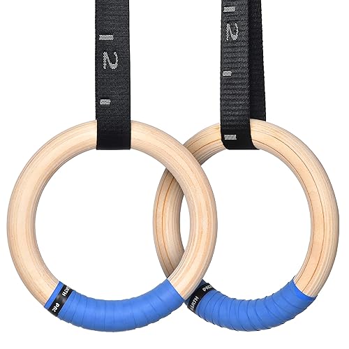 PACEARTH Gymnastics Rings Wooden Olympic Rings 1500/1000lbs with Adjustable Cam Buckle 14.76ft Long Straps with Scale Non-Slip Gym Rings for Home Gym Full Body Workout - 1.25" (32MM) Rings & Straps