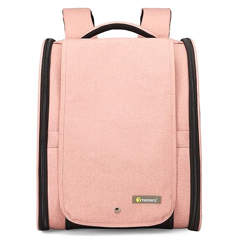Texsens Pet Carrier Backpack with Window Blind for Small Cats Dogs, Ventilated Design, Safety Straps, Buckle Support, Collapsible, Designed for Travel, Hiking, Winter Outing, Outdoor, Go to Vet - Upgraded-Pink