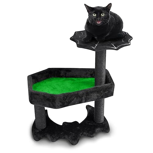 Gothic Cat Tree with Coffin Cat Bed, Gothic Cat Tower, Coffin cat Tree with Sisal Scratching Posts for Halloween cat, Small Size, Black with Green Littlesy - Small - Black and Green