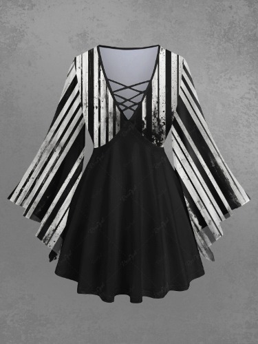 Gothic Ink Splatter Striped Print Flare Sleeves Lattice Patchwork Blouse | Black / 4X
