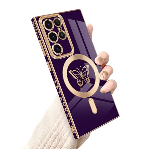 Newseego for Samsung Galaxy S22 Ultra 5G Magnetic Case, Cute Butterfly Luxury Plating Edge Case for Women Girls Men Soft TPU Shockproof Full Camera Protective Cover for Samsung Galaxy S22 Ultra-Purple - Purple