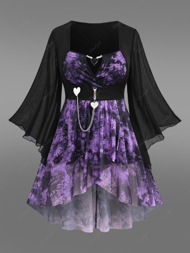 Gothic Zipper Chains Tulip Hem Tie Dye Top | Purple / 4X | 26-28